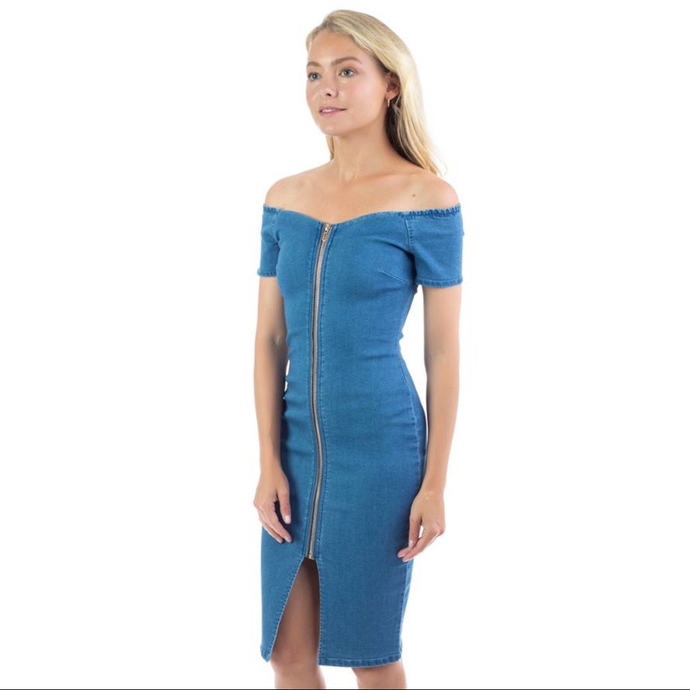 Off Shoulder Zip-front Medium Denim Dress - Picture 4 of 6